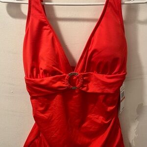 Michael Kors Red Plunge Rouched Tankini with Golden Ring Detail NWT